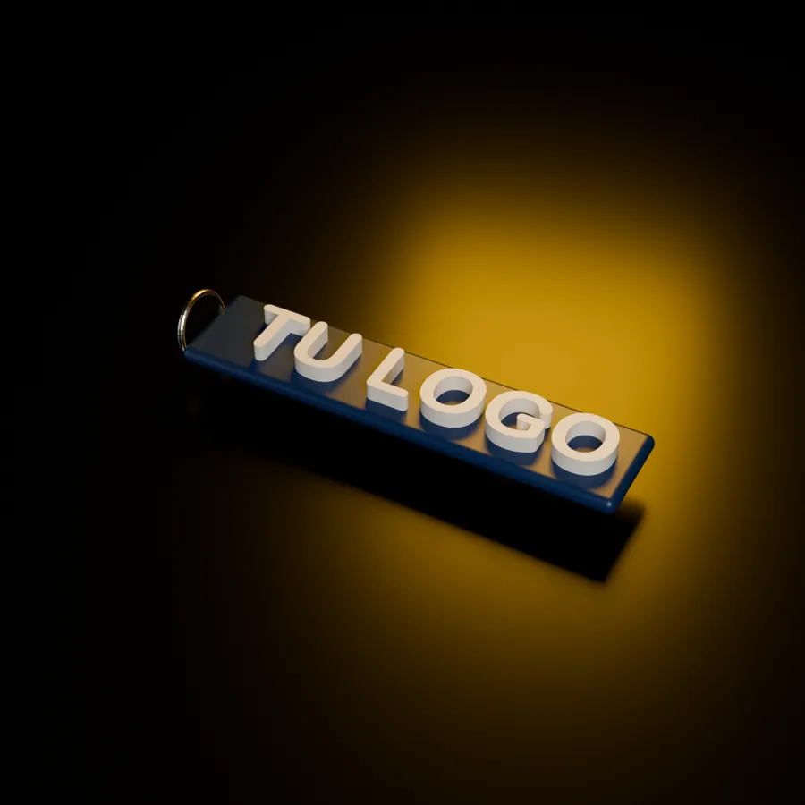 Llavero azul con el texto TU LOGO en relieve (render 3D de ejemplo)